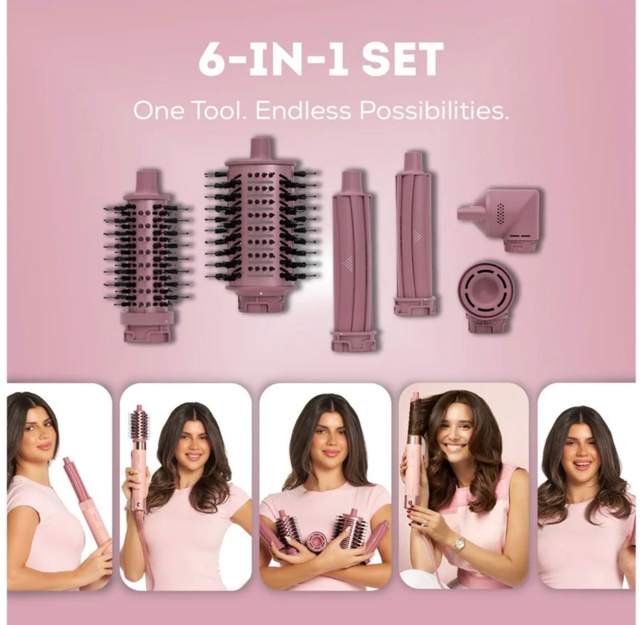Clara Multi Styler for All Hair Types – 6-in-1 Styling Tool with Auto-Wrap Curlers, Blow Dryer, Round & Oval Brush – 1500W Ionic Hair Styler for Frizz-Free Waves & Salon Blowouts Pink