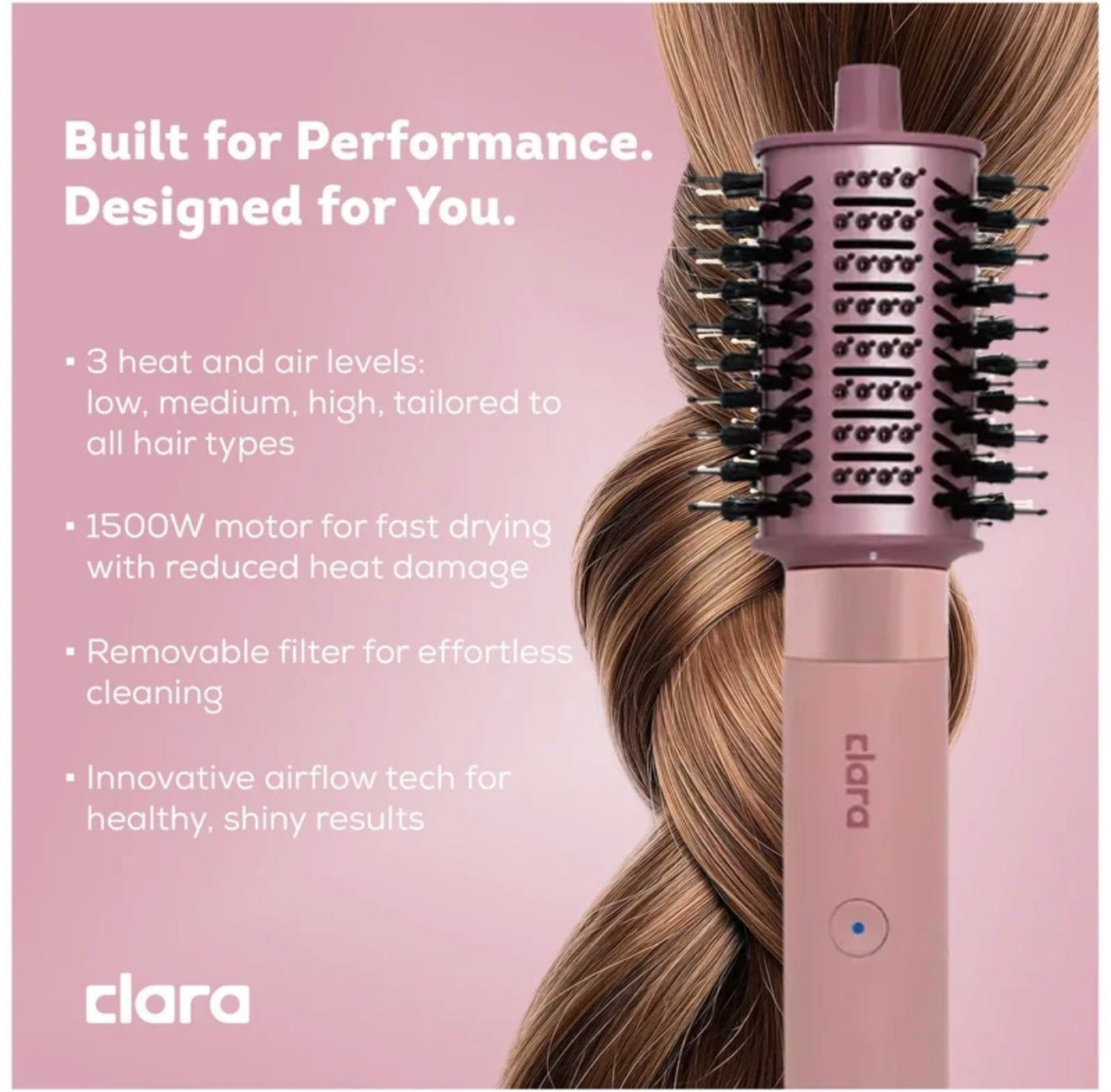 Clara Multi Styler for All Hair Types – 6-in-1 Styling Tool with Auto-Wrap Curlers, Blow Dryer, Round & Oval Brush – 1500W Ionic Hair Styler for Frizz-Free Waves & Salon Blowouts Pink