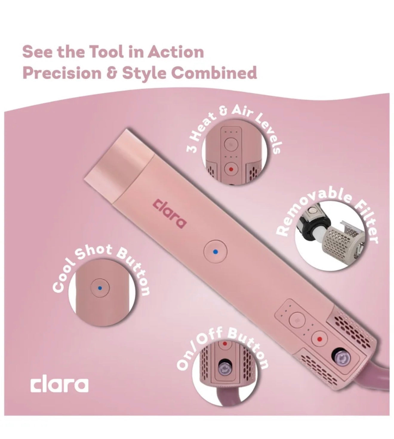 Clara Multi Styler for All Hair Types – 6-in-1 Styling Tool with Auto-Wrap Curlers, Blow Dryer, Round & Oval Brush – 1500W Ionic Hair Styler for Frizz-Free Waves & Salon Blowouts Pink