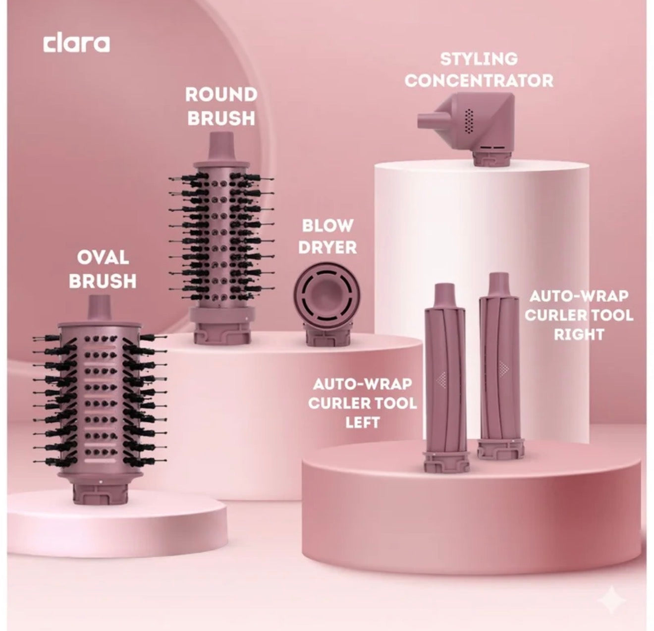 Clara Multi Styler for All Hair Types – 6-in-1 Styling Tool with Auto-Wrap Curlers, Blow Dryer, Round & Oval Brush – 1500W Ionic Hair Styler for Frizz-Free Waves & Salon Blowouts Pink
