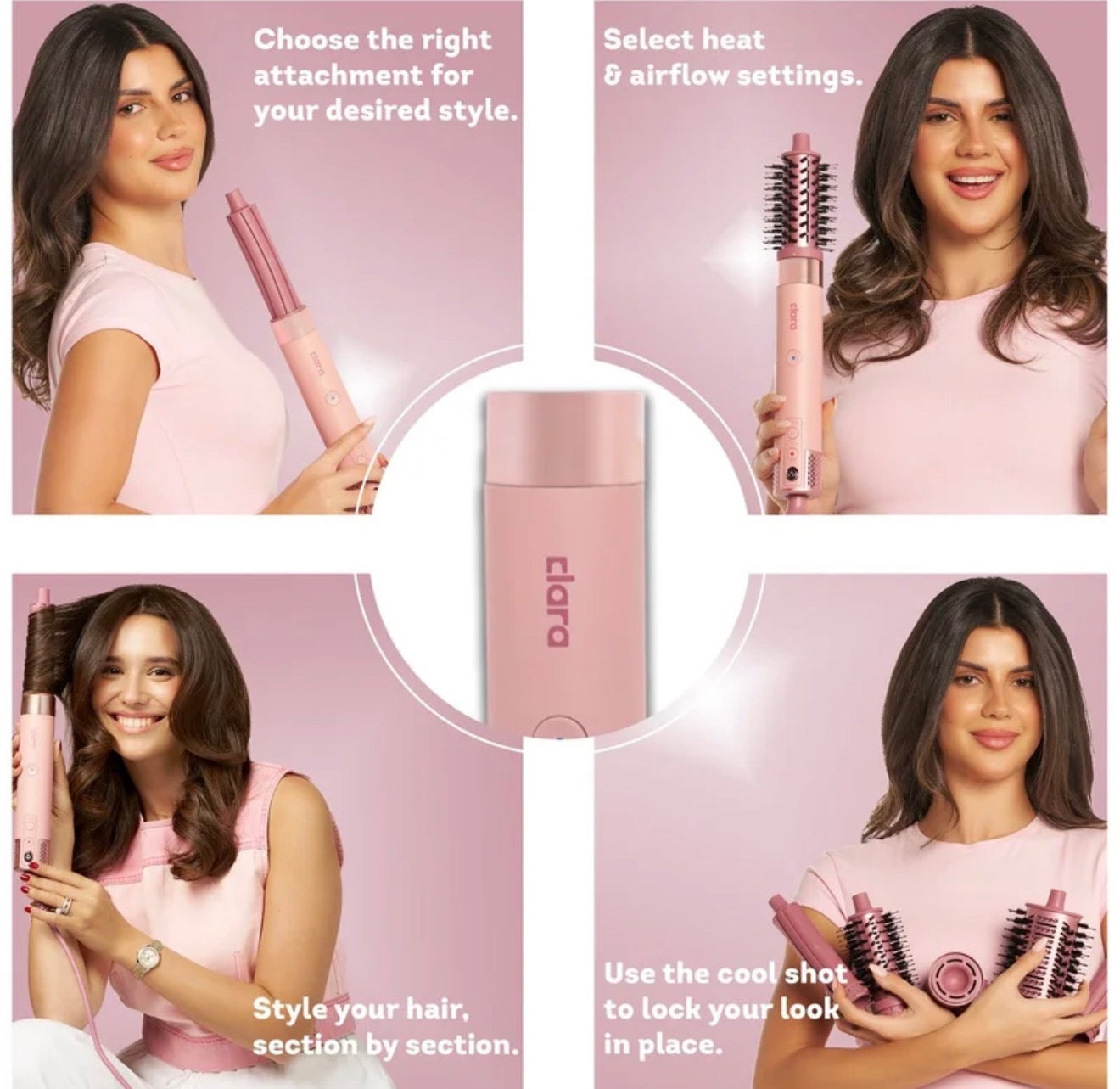 Clara Multi Styler for All Hair Types – 6-in-1 Styling Tool with Auto-Wrap Curlers, Blow Dryer, Round & Oval Brush – 1500W Ionic Hair Styler for Frizz-Free Waves & Salon Blowouts Pink
